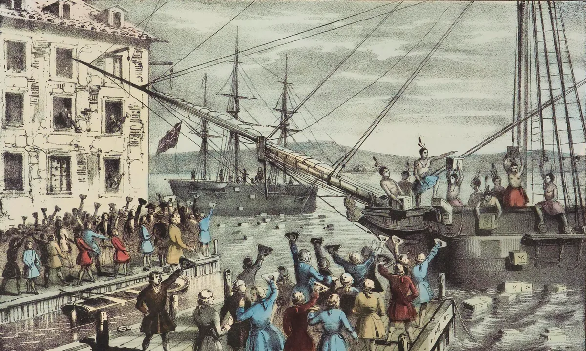 Colonial engraving of a line of red-coated soldiers firing into a crowd of civilians in a street, with an officer raising a sword and wounded men on the ground.