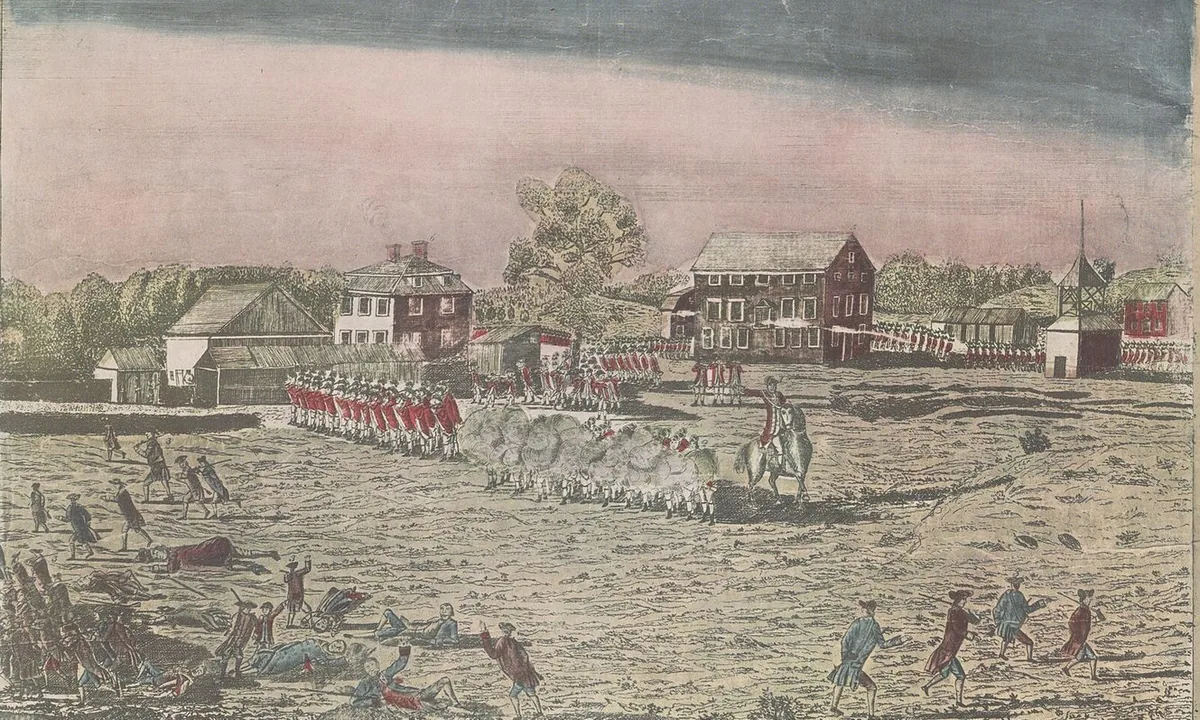 Engraving of a harbour crowded with warships in front of a town of church spires, with lines of soldiers marching along a long wharf.