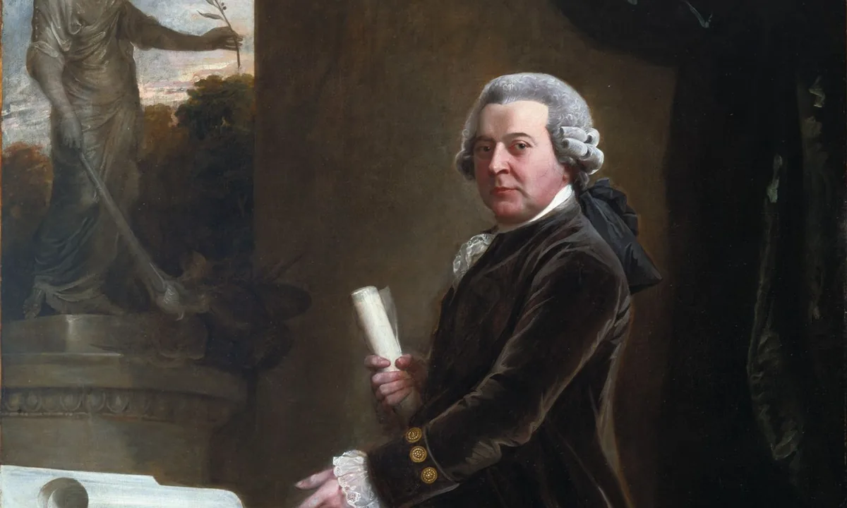 Full-length portrait of a man in a brown coat standing beside a table with papers and a globe.