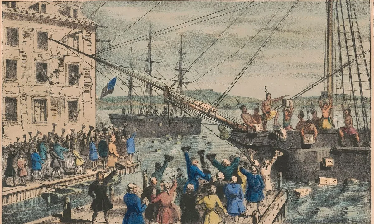 Lithograph of men in feathered headdresses on the deck of a ship tipping chests into the water while a crowd cheers from the wharf.