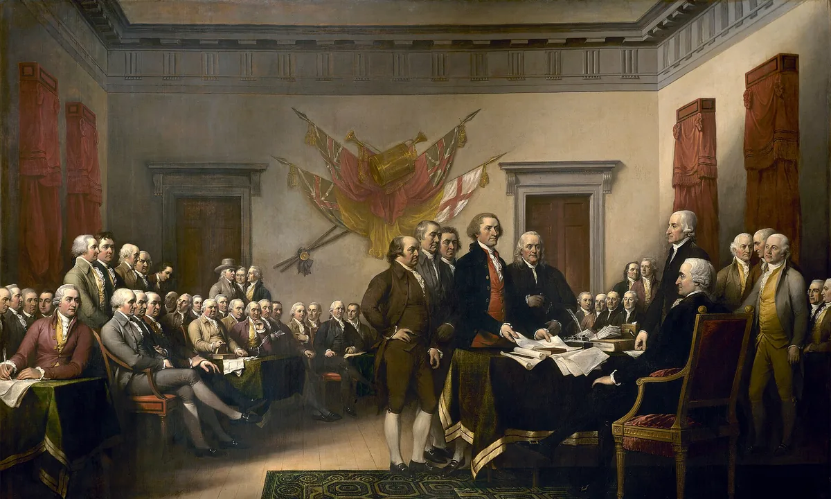 Large painting of men in eighteenth-century dress gathered in a panelled hall as five men stand before a seated presiding officer and lay papers on his desk.