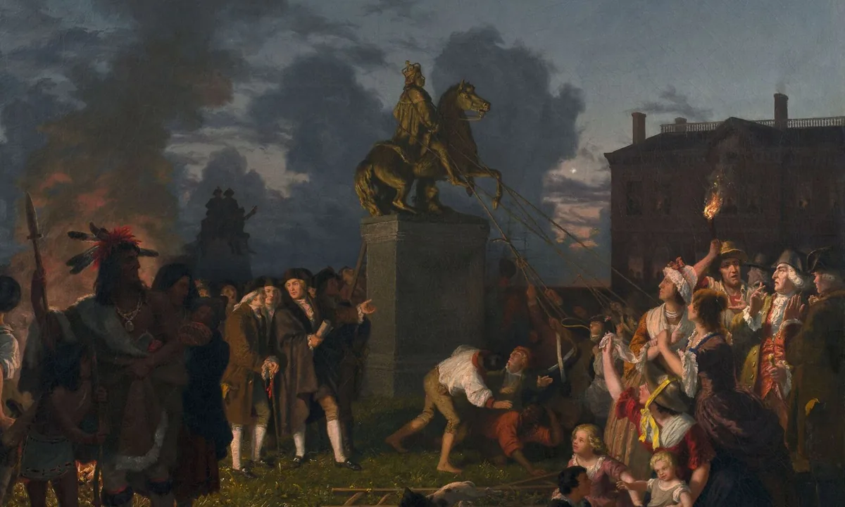 Painting of a crowd hauling ropes to topple a gilded equestrian statue from its pedestal in a fenced park.