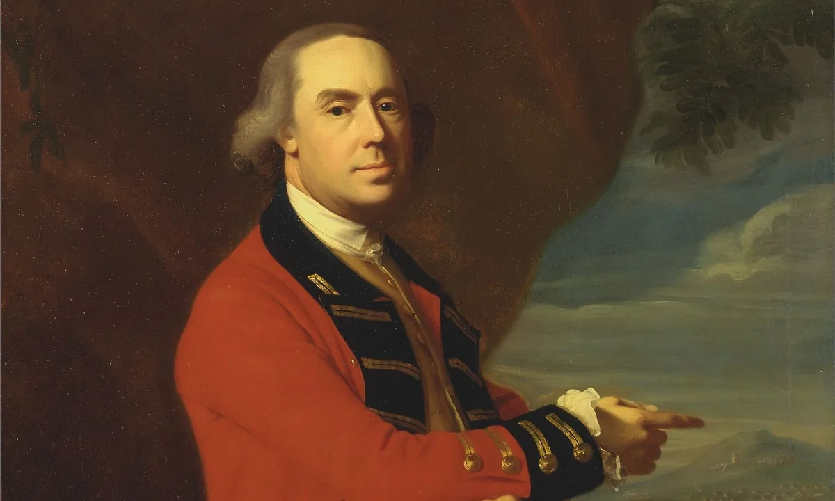 Portrait of an officer in a red coat and breastplate standing before a dark landscape.