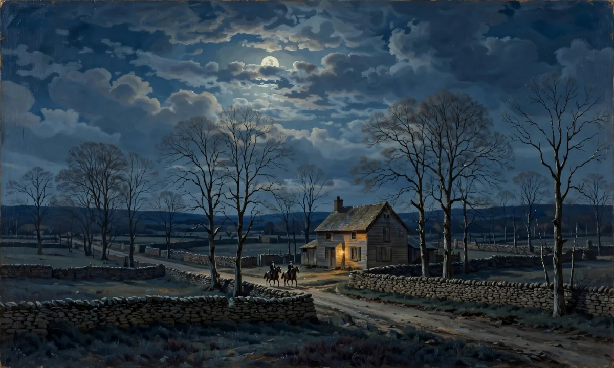 Painted night scene of two small riders on horseback passing farmhouses with lit windows along a stone-walled country road.