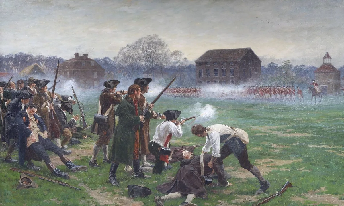 Painting of British soldiers in red coats advancing through gun smoke across a green while colonial militiamen fire and fall back.