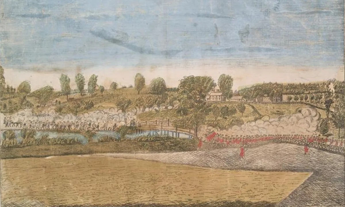 Colonial engraving of two groups of soldiers firing at each other across a narrow wooden bridge, with fields and hills behind.