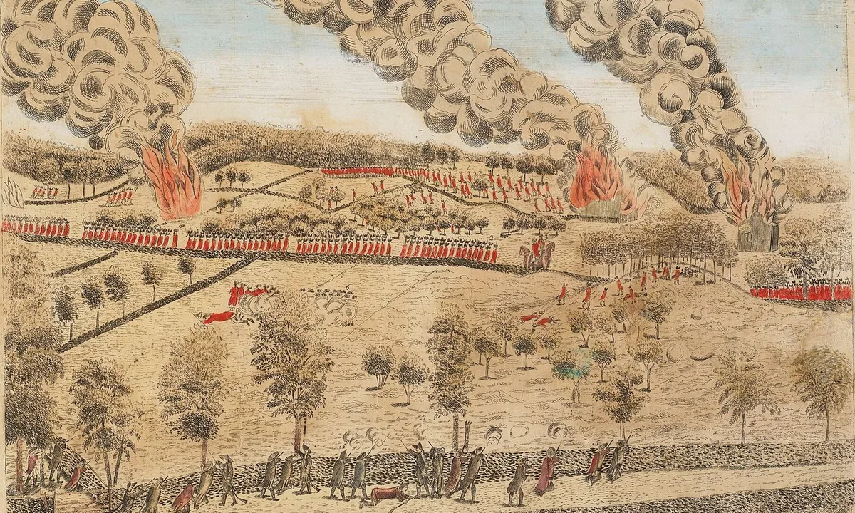 Colonial engraving of columns of red-coated soldiers on a road with cannon firing and buildings in flames.