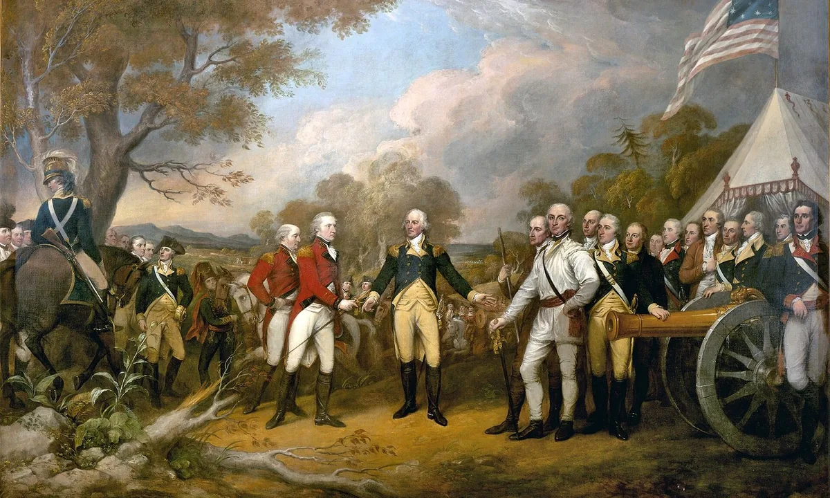 Large painting of a British general in a red coat holding out a sword to an American general in blue standing before a tent, surrounded by officers.