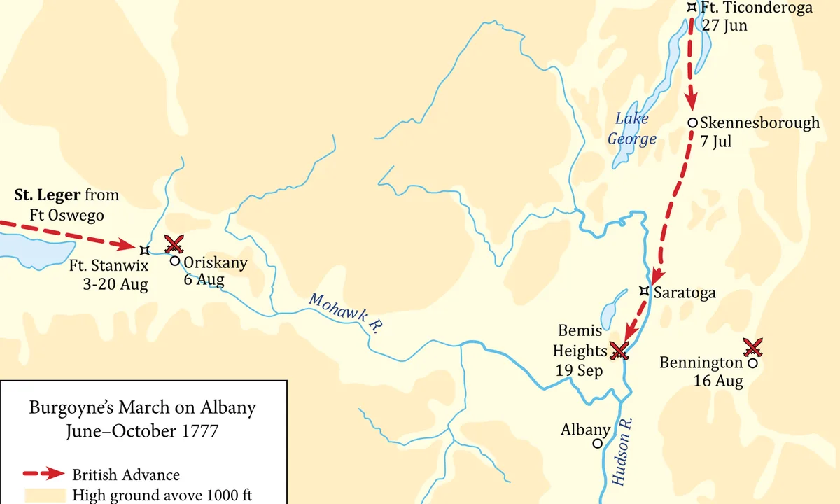 Map of New York and New England with arrows showing British routes converging on Albany along lakes and rivers.