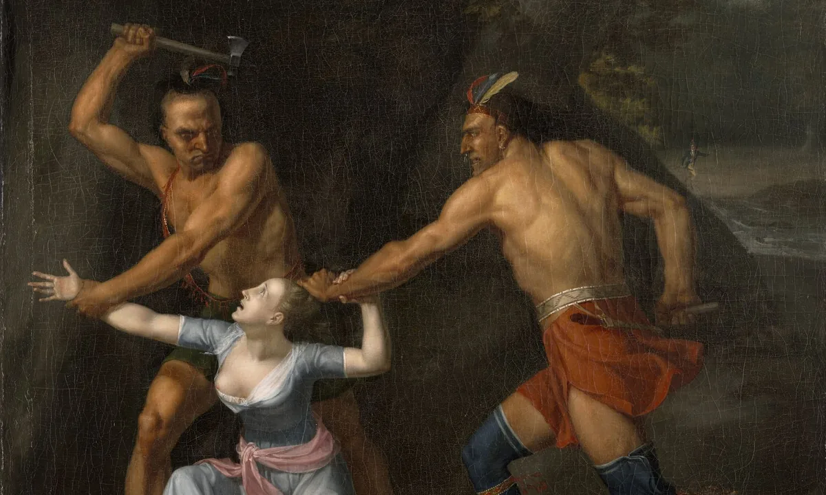 Neoclassical painting of two warriors seizing a kneeling young woman in a white dress by the hair in a forest.