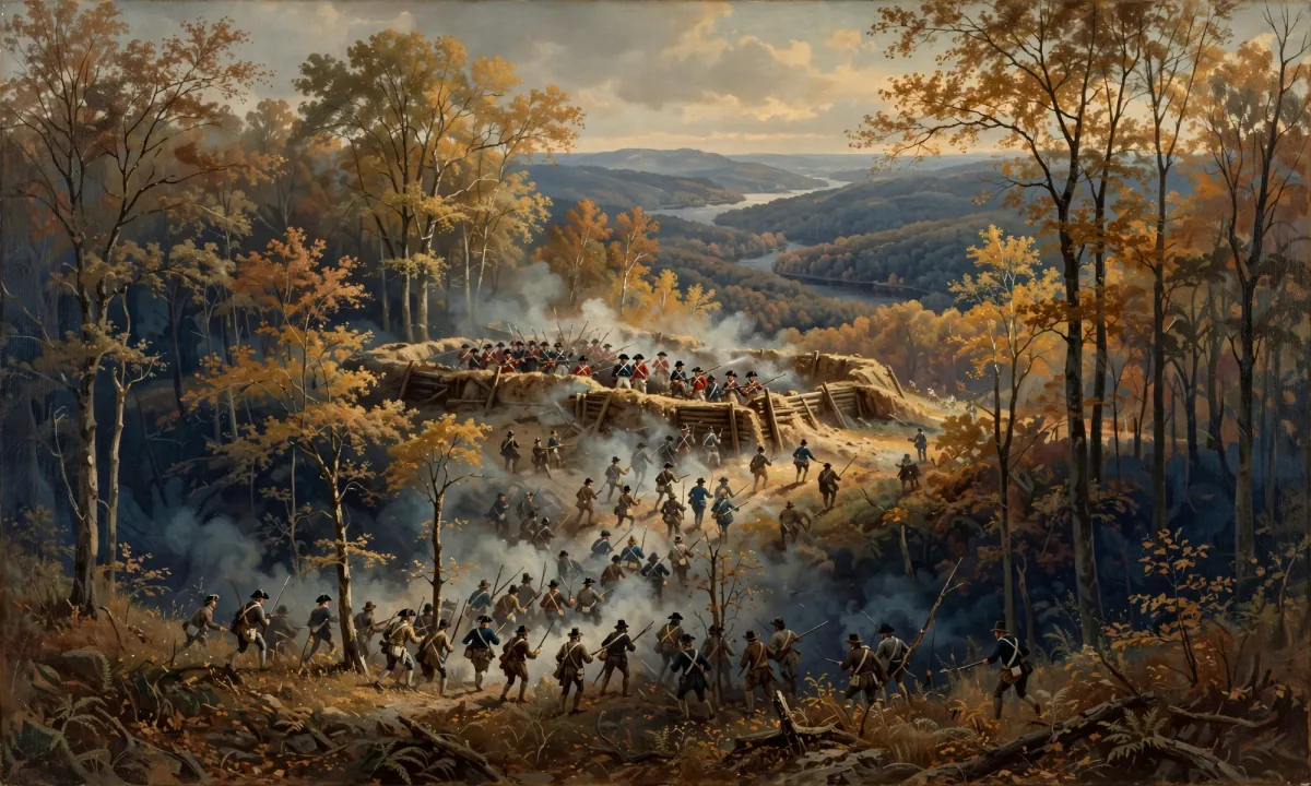 Painted battle scene of soldiers in brown and blue coats charging a wooden breastwork through smoke, with wooded hills and a river behind.