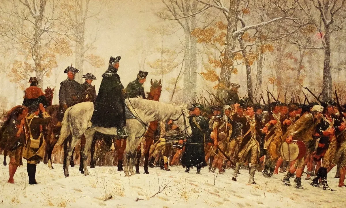 Painting of a column of poorly dressed soldiers trudging through snow past a group of mounted officers under a grey sky.