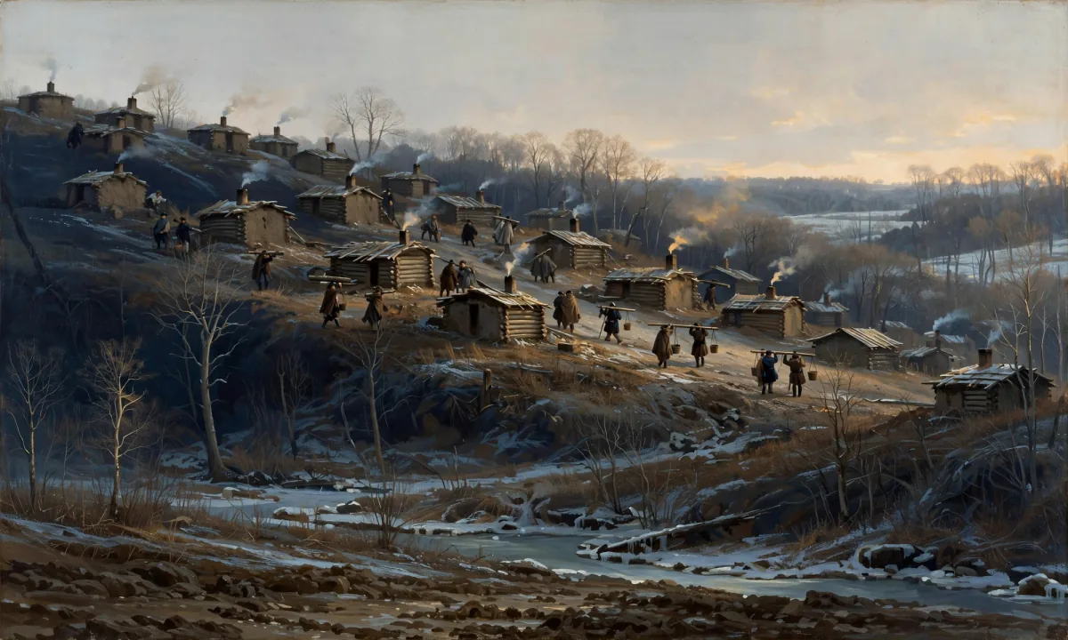 Painted scene of a hillside camp of log huts with smoke rising from chimneys and small figures carrying logs through mud and patches of snow.