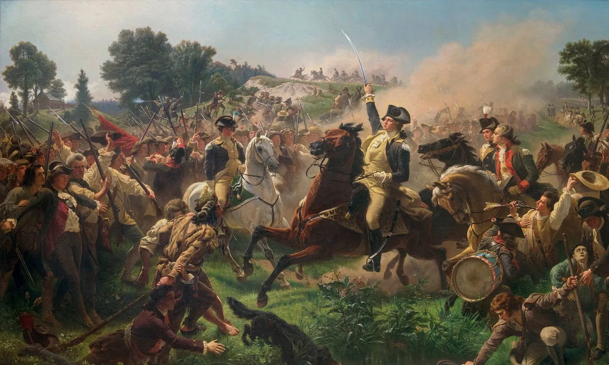 Large painting of a general on a white horse waving his hat amid smoke as soldiers turn back to fight around him.