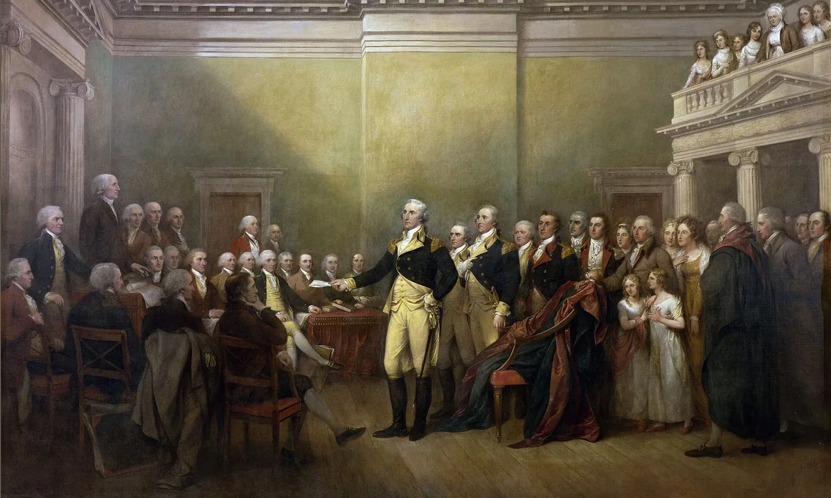 Painting of a uniformed general standing to read from a paper before seated men in a hall, with spectators watching from a gallery.