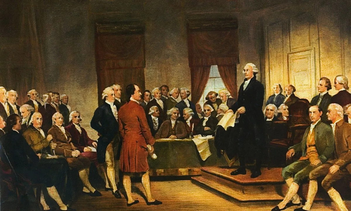 Painting of a tall man standing on a raised platform beside a high-backed chair, addressing delegates seated at tables in a bright hall.