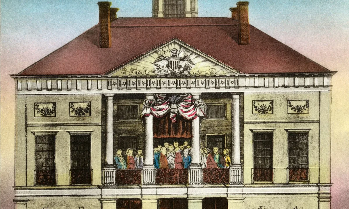 Engraving of a classical building with a balcony where small figures stand, and a crowd and carriages in the street below.