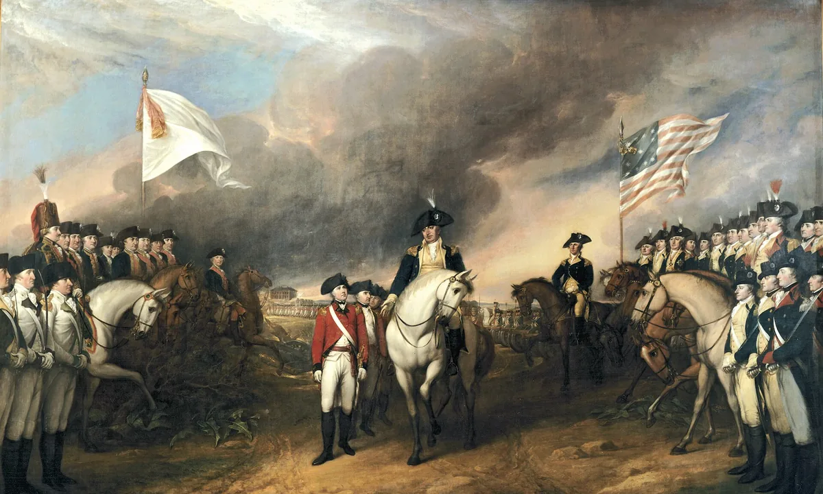 Large painting of a mounted officer on a white horse riding between two lines of soldiers and flags, French on the left and American on the right.