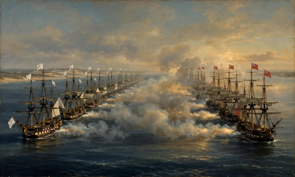 Painted seascape of two lines of large three-masted warships firing at each other through clouds of smoke.