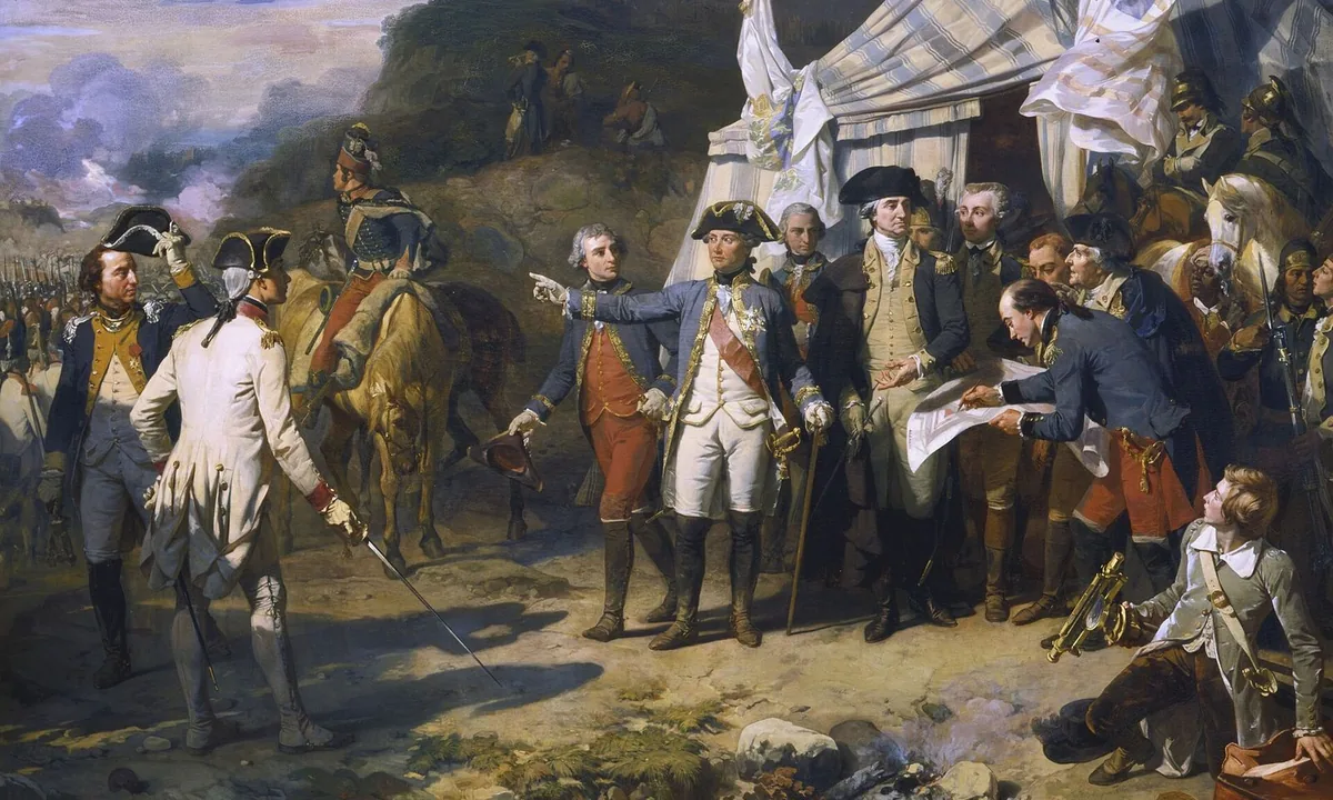 Large painting of officers in French and American uniforms gathered on a hill pointing toward a besieged town under smoke.