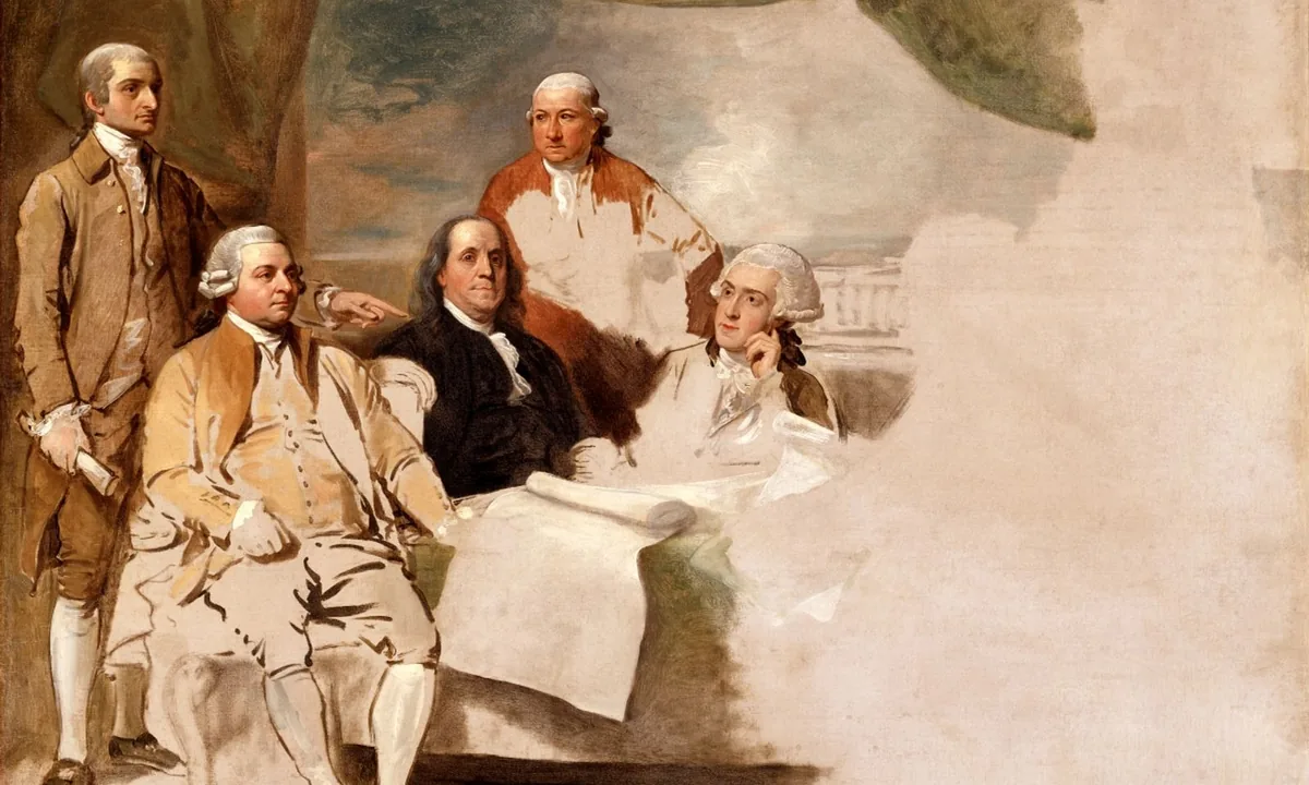 Unfinished oil painting of five men in eighteenth-century dress grouped on the left, with the right side left as a bare sketch.