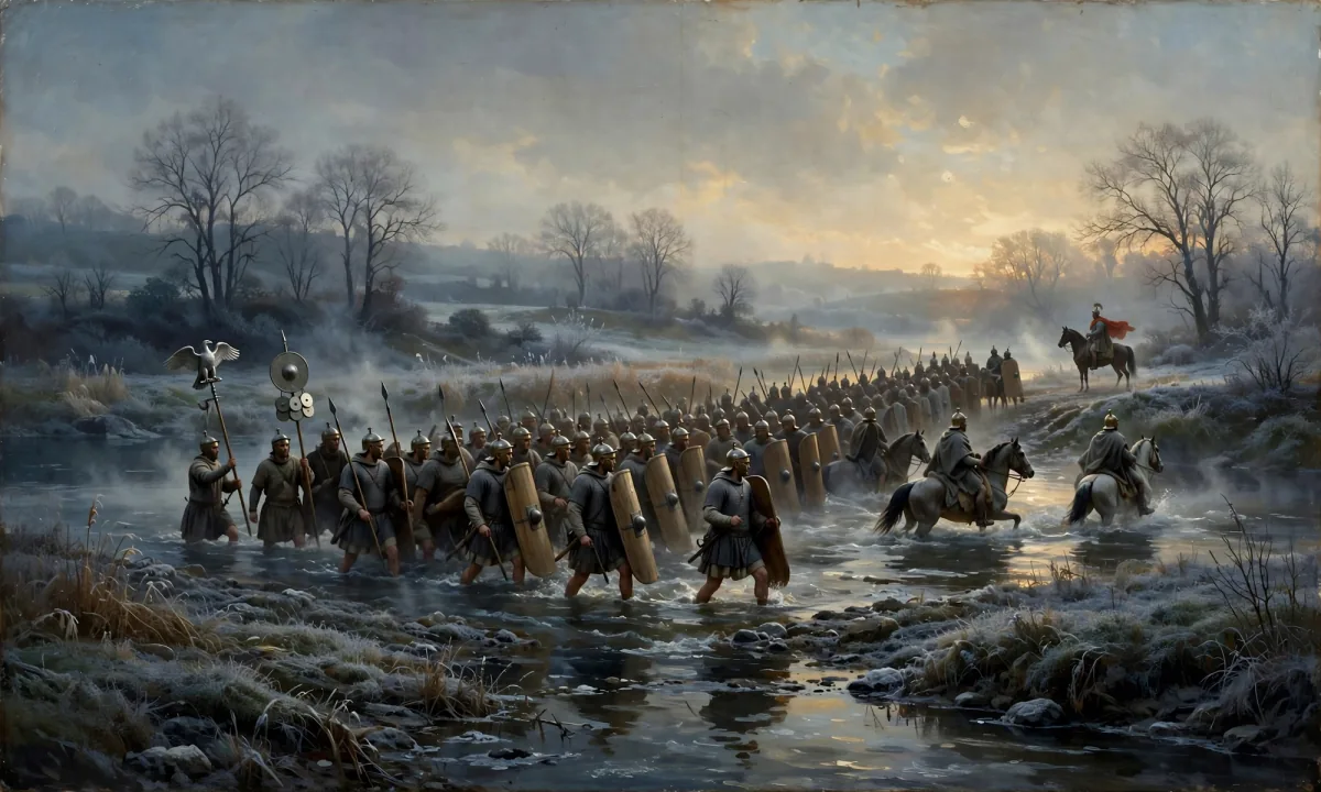 Painted scene of soldiers with standards wading across a shallow, misty river, with a rider watching from the far bank.