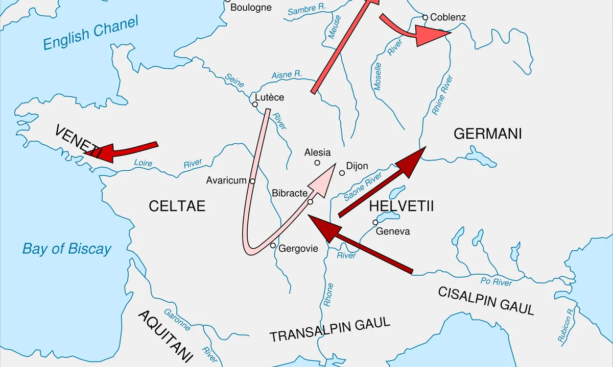 Map of ancient Gaul, modern France and Belgium, with routes and battle sites marked.