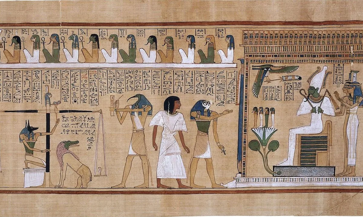 Colourful papyrus painting of a jackal-headed figure adjusting a balance scale, an ibis-headed scribe writing, and a crocodile-headed monster waiting.