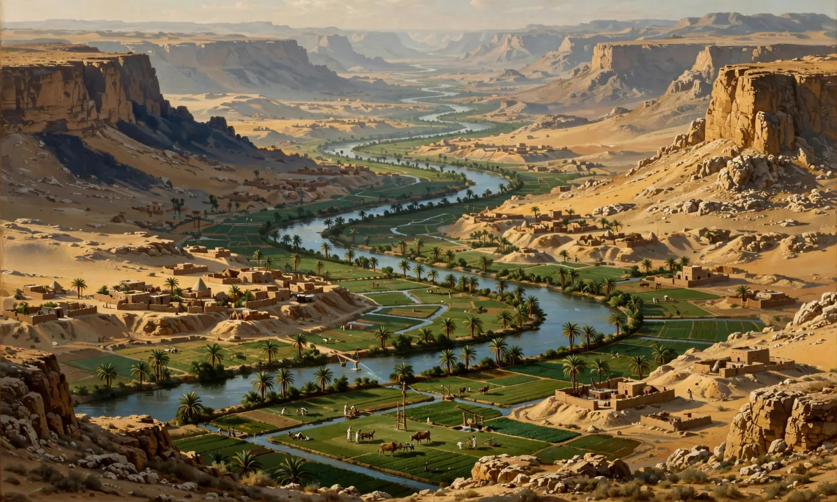 Aerial view of bright green fields ending in a sharp line against pale desert, with bare rocky hills and cliffs beyond.