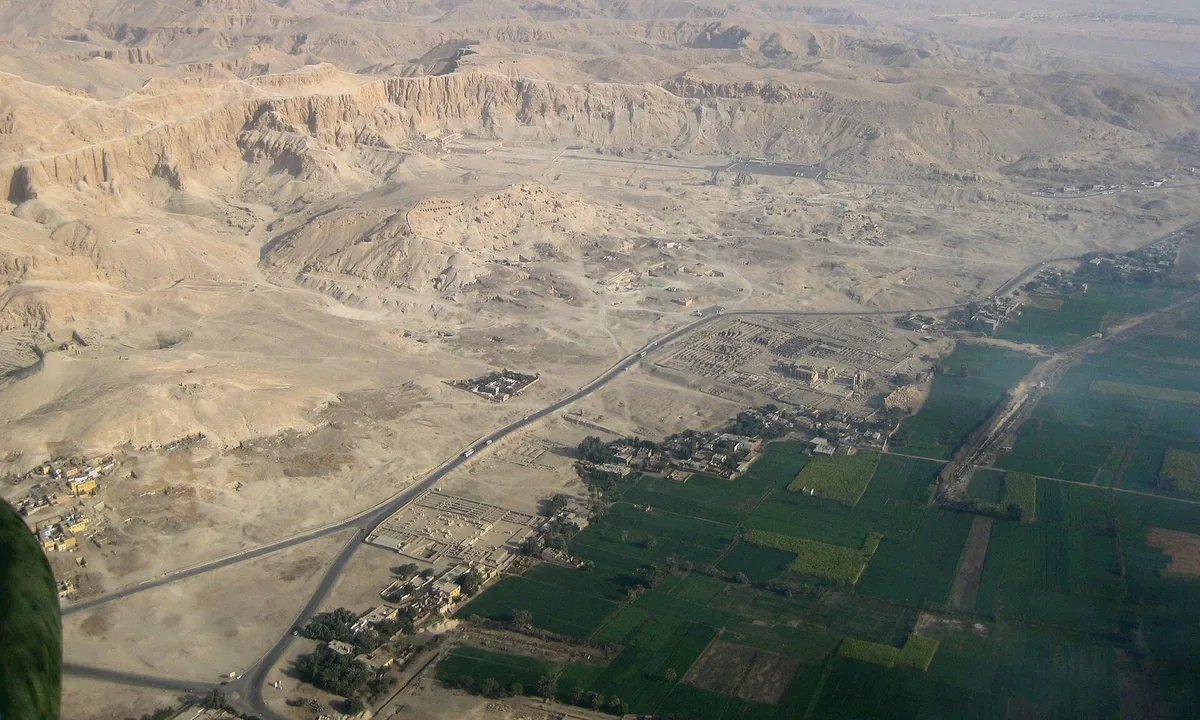 Aerial view of bright green fields ending in a sharp line against pale desert, with bare rocky hills and cliffs beyond.