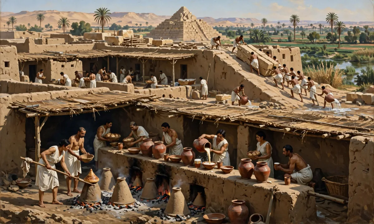 Painted scene of workers with clay jars and ovens among mudbrick buildings, with a ramp and a pyramid under construction behind.