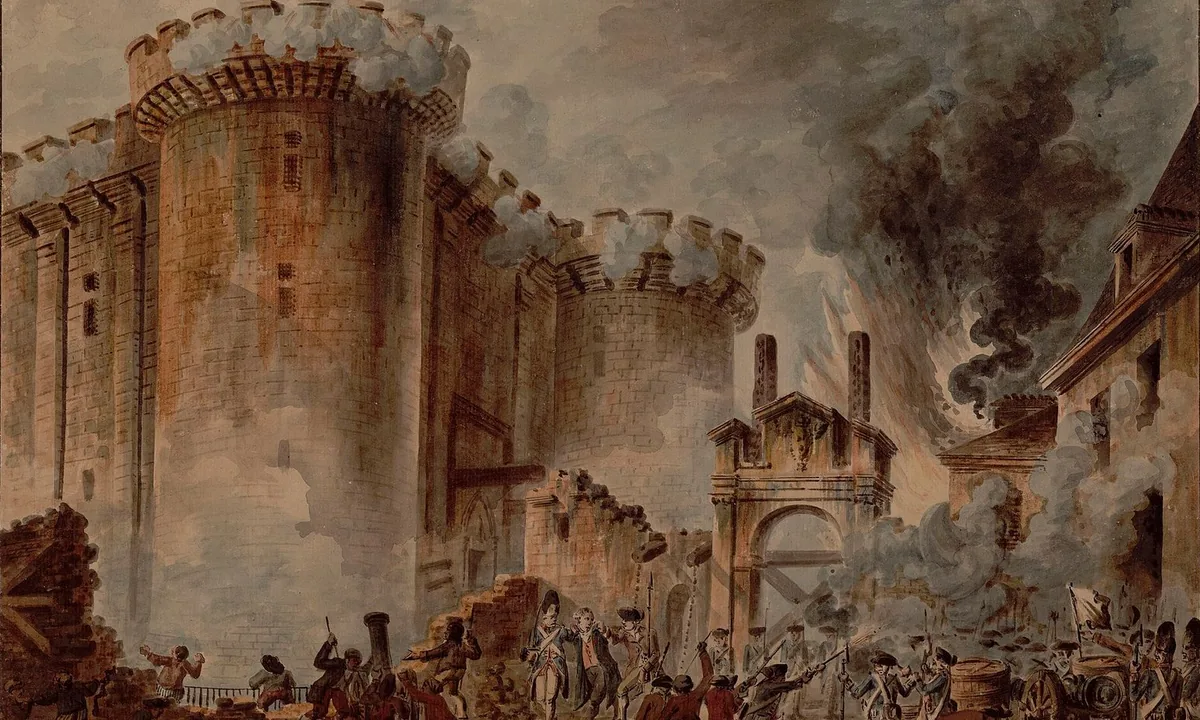 Watercolour of the Bastille's massive round towers wreathed in smoke as armed Parisians and soldiers attack its gate.