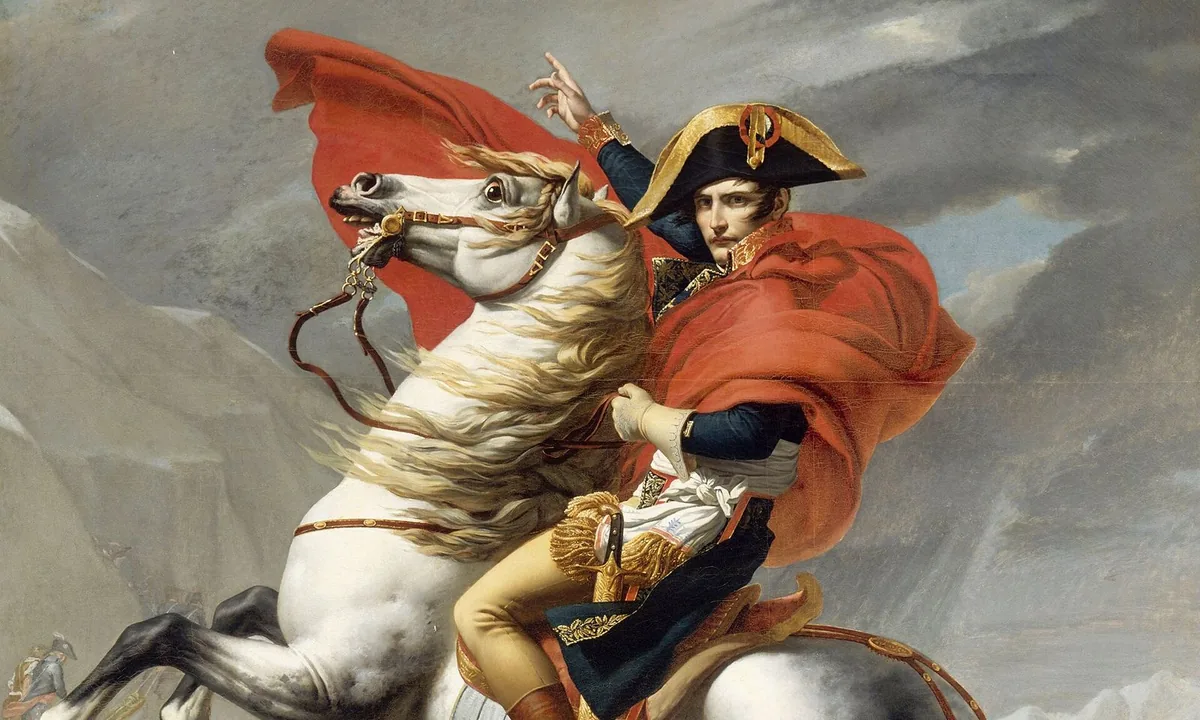 Painting of Napoleon in a billowing red cloak on a rearing white horse, pointing upward on a snowy Alpine pass.
