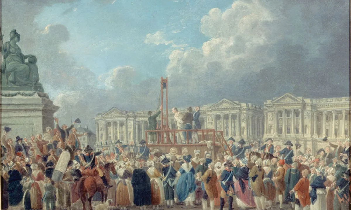 Painting of a large crowd filling a Paris square around a raised red guillotine scaffold, with colonnaded palaces behind and a statue of Liberty at left.