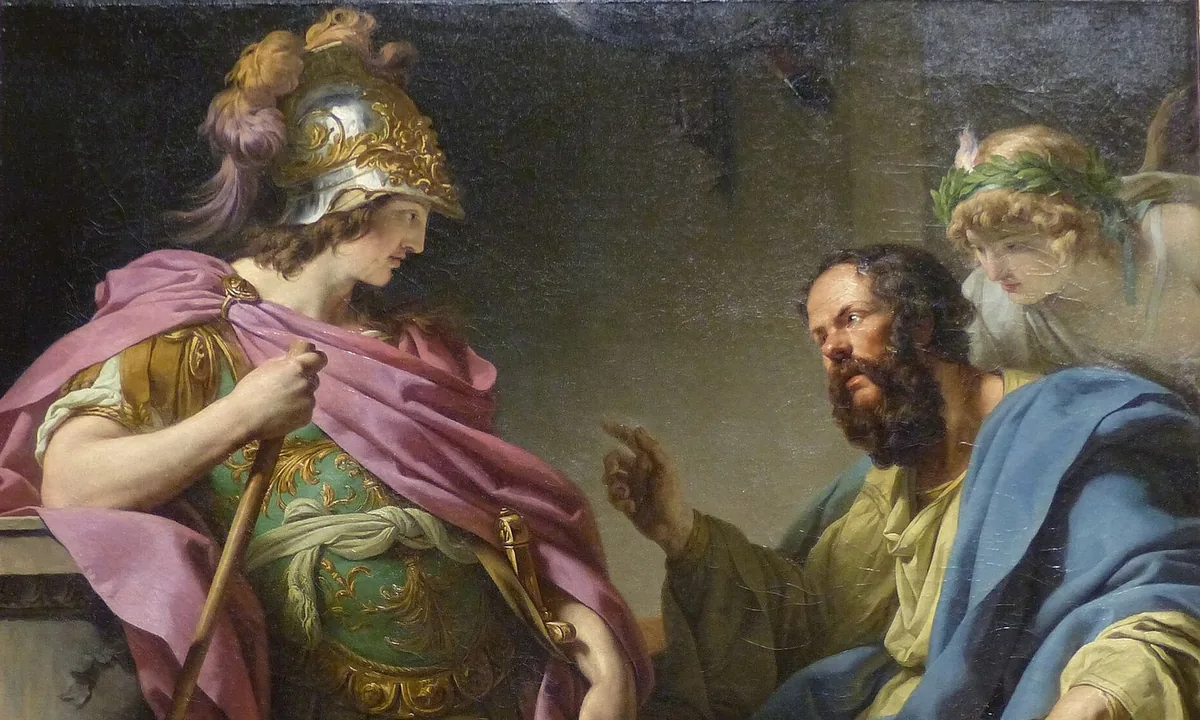 Oil painting of a young man in a plumed helmet and ornate breastplate looking down at a bearded older man in a blue cloak who points a finger as he speaks.