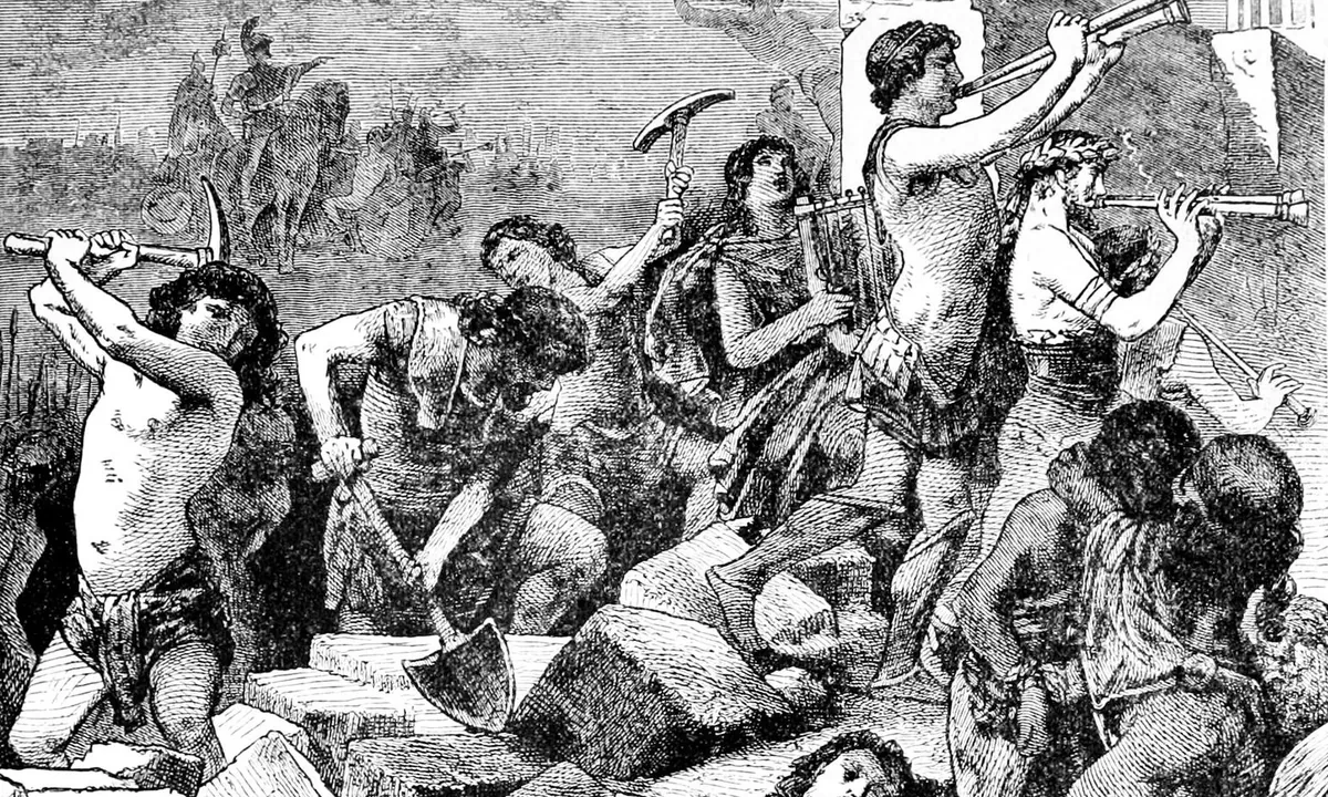 Black-and-white engraving of men breaking stone blocks with pickaxes and shovels while musicians play pipes and a lyre beside them.