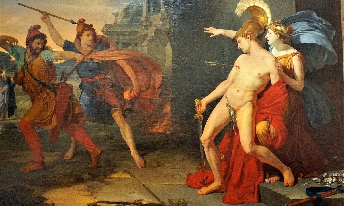 Painting of a wounded young warrior in a plumed helmet, an arrow in his chest, supported by a woman in a red robe as two attackers with a spear and bow rush at him from the left.