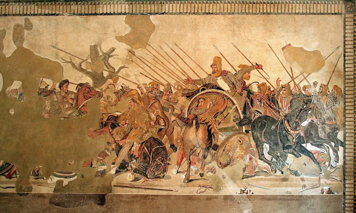 Ancient floor mosaic of a cavalry battle: a young rider with a lance at left charges toward a Persian king in a chariot surrounded by spears and horses.