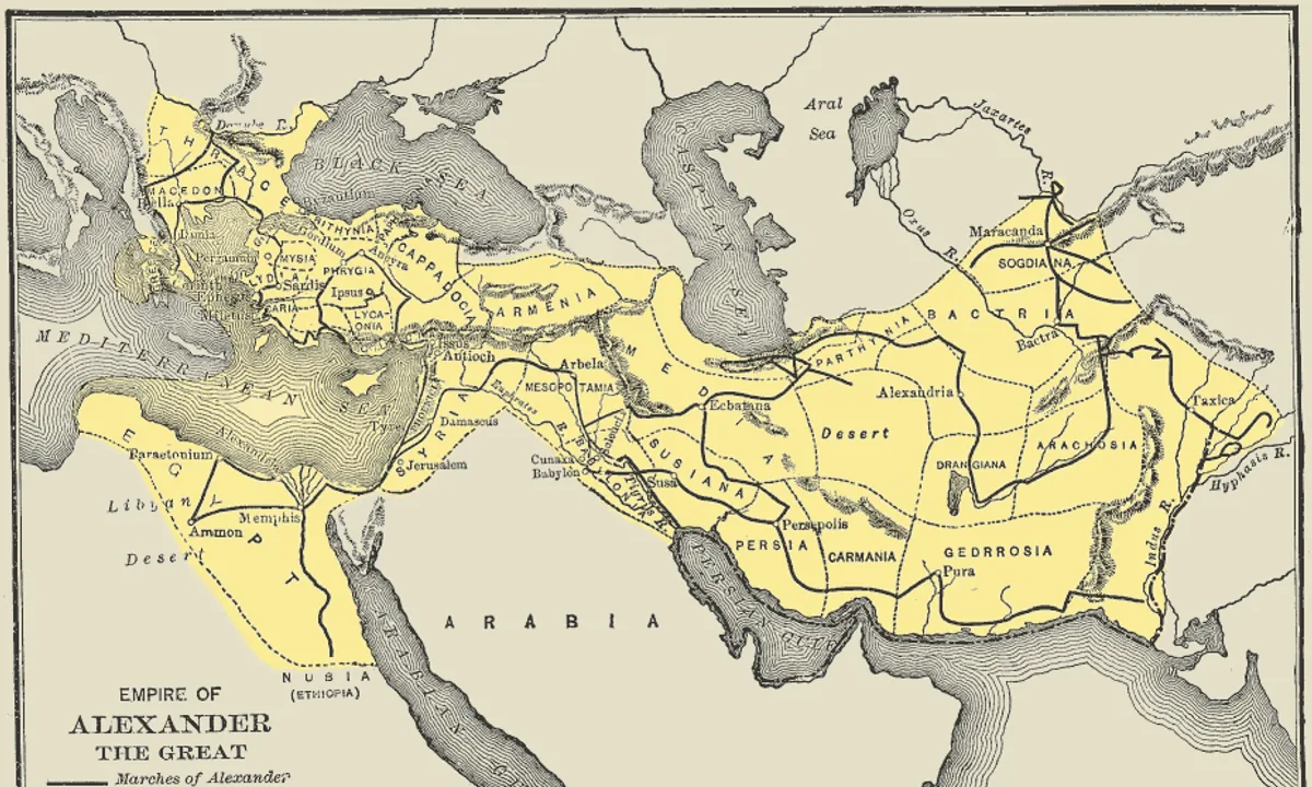 Old printed map in yellow and white showing Greece, Egypt, Mesopotamia, Persia and India, with lines tracing a route across them.