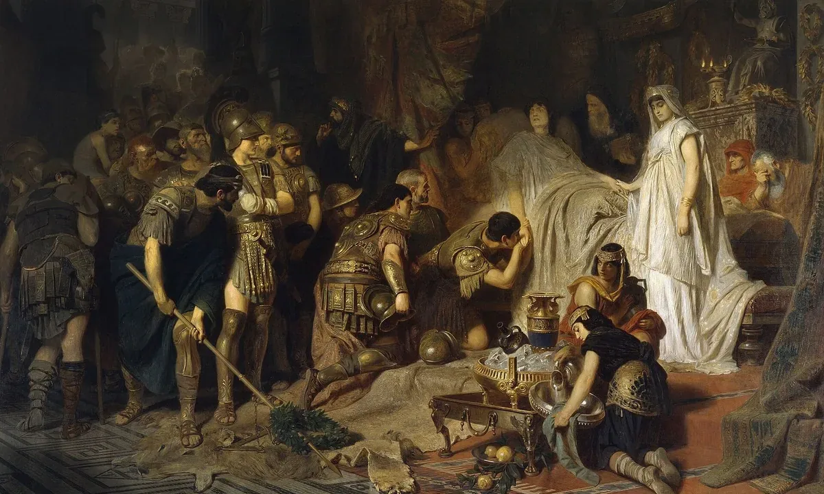 Dark painting of a crowded palace room: soldiers in bronze armour bow and kneel beside a bed where a pale young king lies, a woman in white standing at its side.