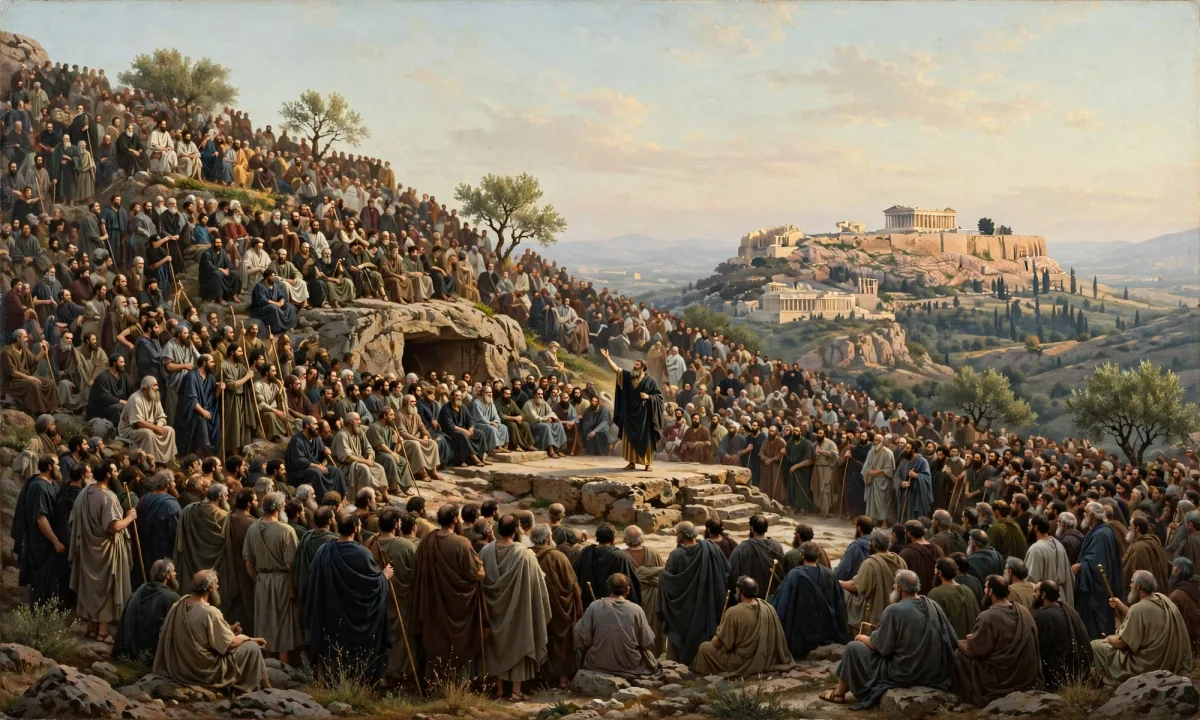 Painted scene of a large crowd of men in cloaks seated on a rocky hillside listening to a speaker on a stone platform, with the Acropolis in the distance.