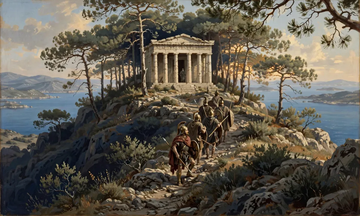 Painted scene of a small Greek temple among pine trees on a hill above the sea, with a few soldiers climbing a path toward it and a lone figure in the doorway.