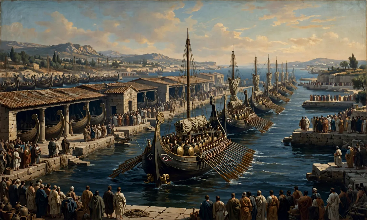 Painted scene of many long oared warships leaving a harbour in a line while crowds watch from stone quays.