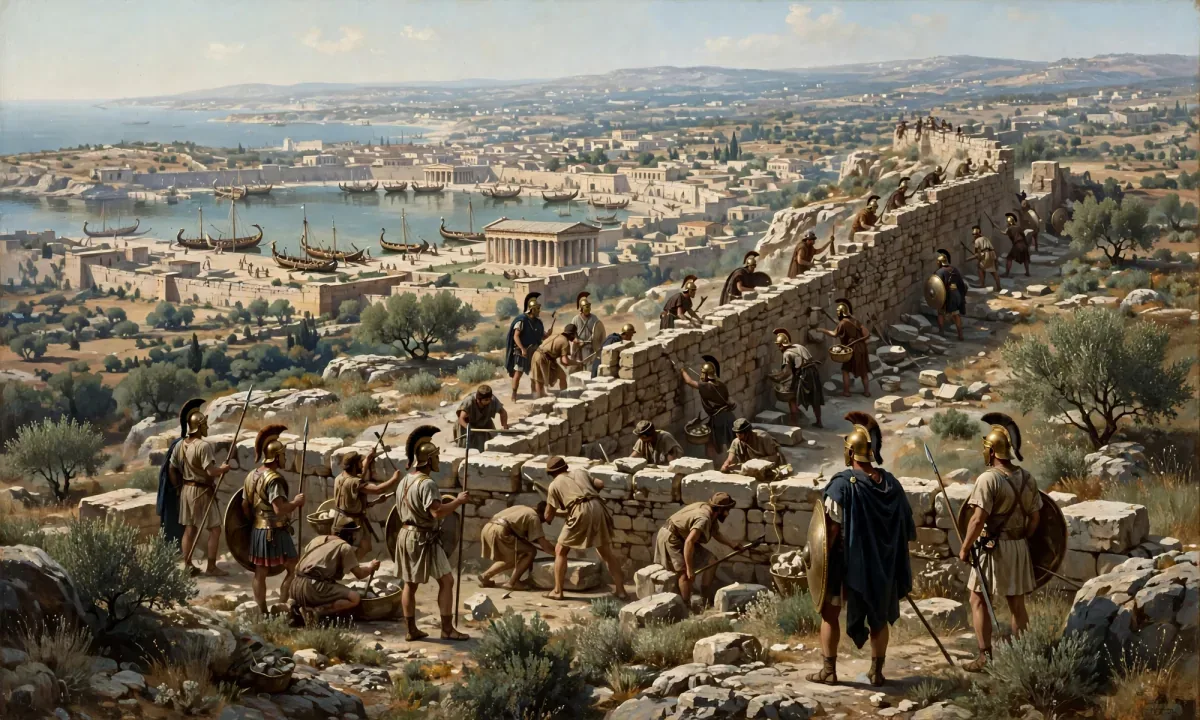 Painted scene of soldiers building a stone wall across a rocky plateau, with a rival wall being built in the distance and a walled city and harbour beyond.