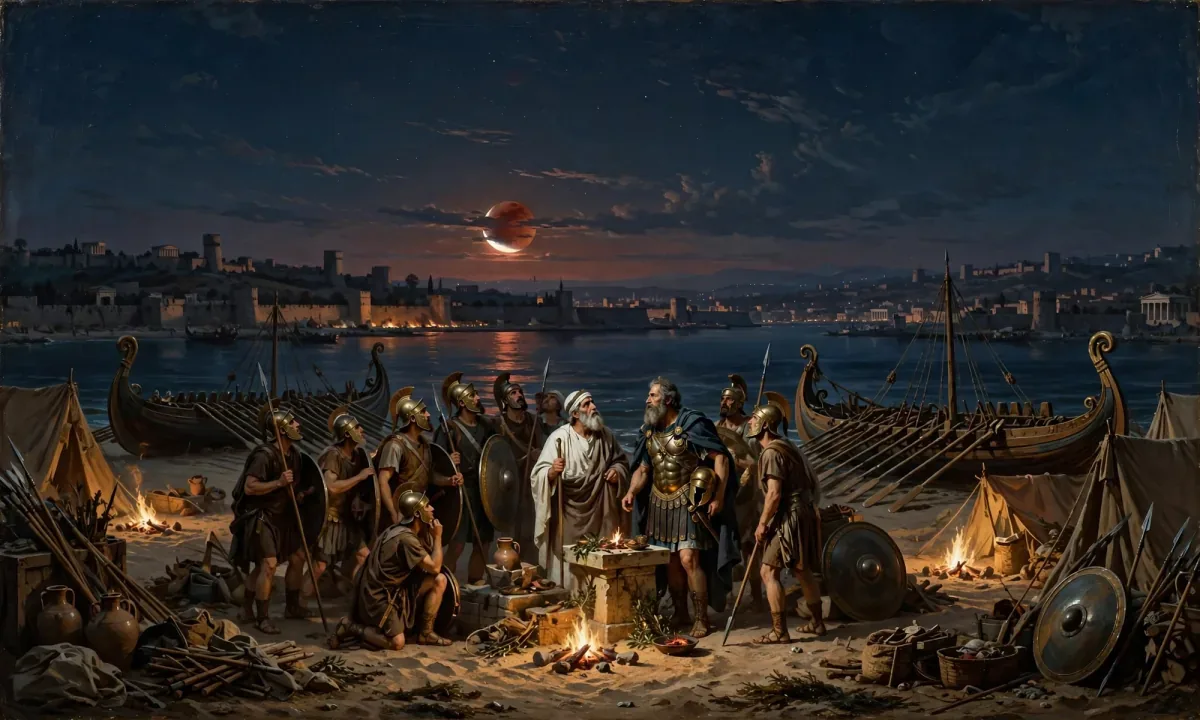 Painted night scene of soldiers on a beach beside warships looking up at a dim red moon, with campfires and an altar.