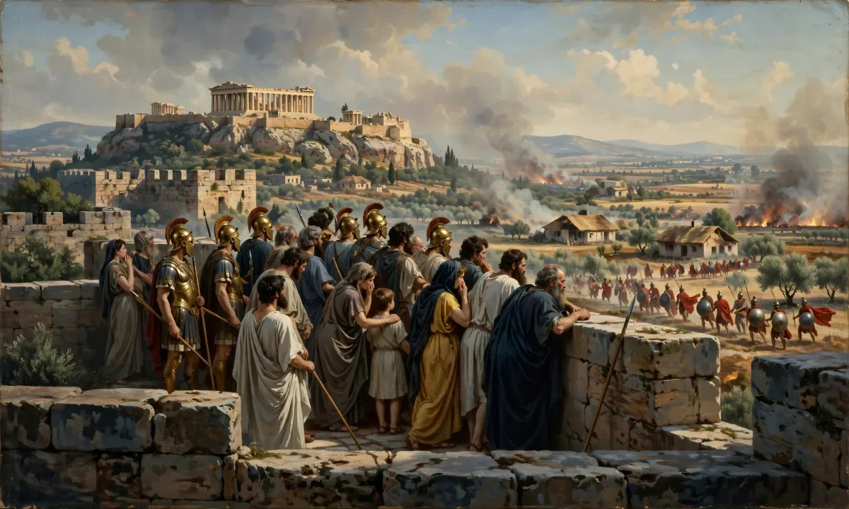 Painted scene of people on a city wall looking out at smoke rising from burning fields where a distant army marches.