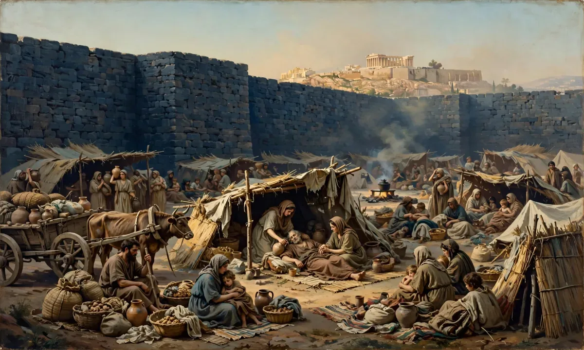 Painted scene of crowded makeshift shelters against massive stone walls, with families, carts and cooking smoke and the Acropolis in the distance.