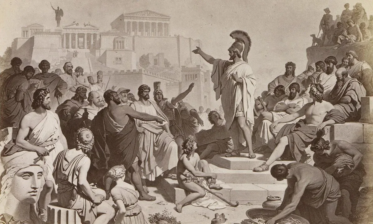 Sepia reproduction of a painting: a helmeted orator in a cloak speaks from steps to a crowd of Athenians, with the Acropolis and Parthenon behind him.