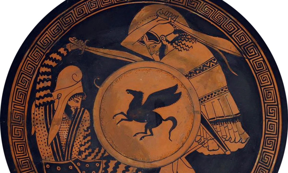 Round orange-and-black vase painting: a Greek soldier with a large round shield bearing a winged horse attacks a Persian in a patterned tunic and trousers.