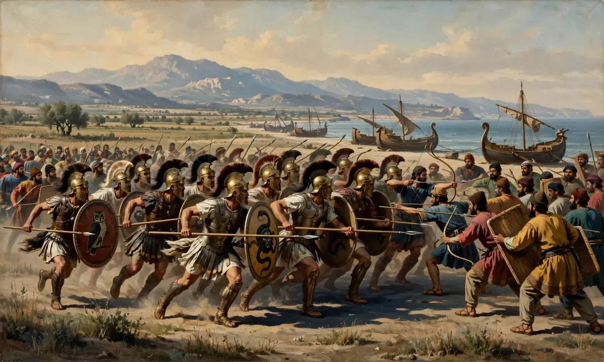 Painted battle scene of Greek soldiers with crested helmets and round shields running at Persian archers in trousers, with ships on the beach behind.